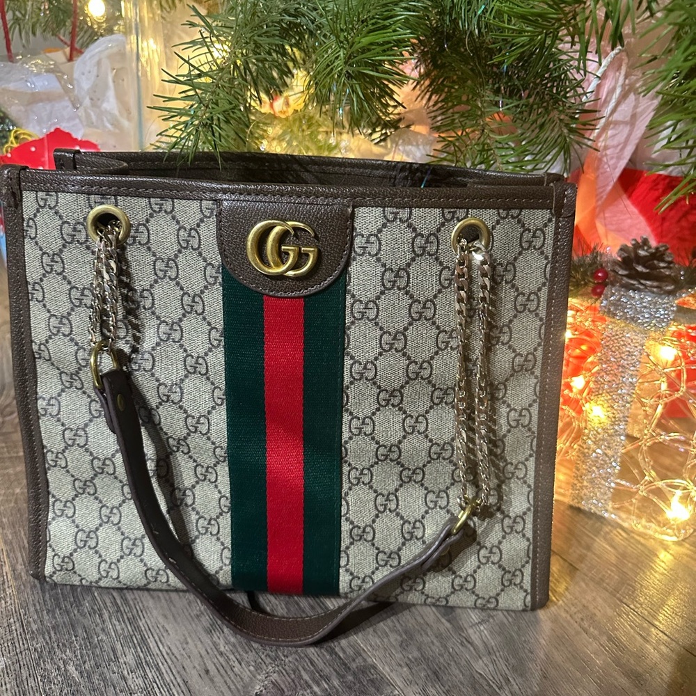 Gucci Monogram Tote with Red and Green Accents